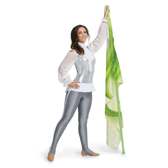 Custom long sleeve legging color guard unitard. White mesh sleeves with shoulder cutouts, silver body with white neck and white short draping. Titanium leggings with silver stripe. Front view on model holding green flag