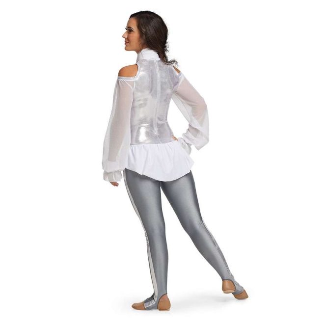 Custom long sleeve legging color guard unitard. White mesh sleeves with shoulder cutouts, silver body with white neck and white short draping. Titanium leggings with silver stripe. Back view on model