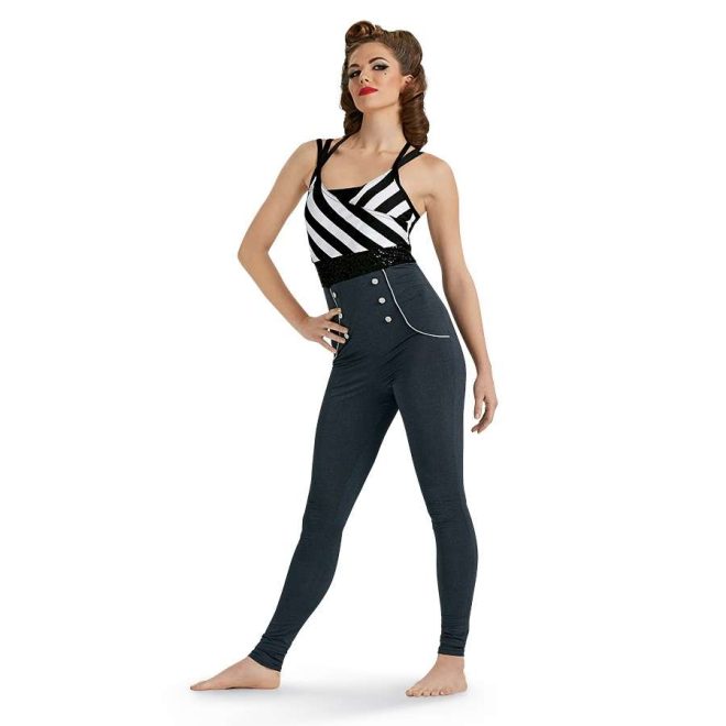 custom black and white stripe with black straps and heather black pant color guard unitard front view on model
