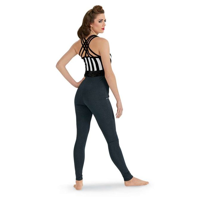 custom black and white stripe with crisscross back and heather black pant color guard unitard back view on model