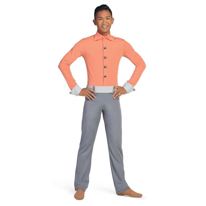 Custom long sleeve men pant color guard unitard. Cantaloupe button down top with titanium pants. Light grey sleeve cuffs and belt. Front view on model