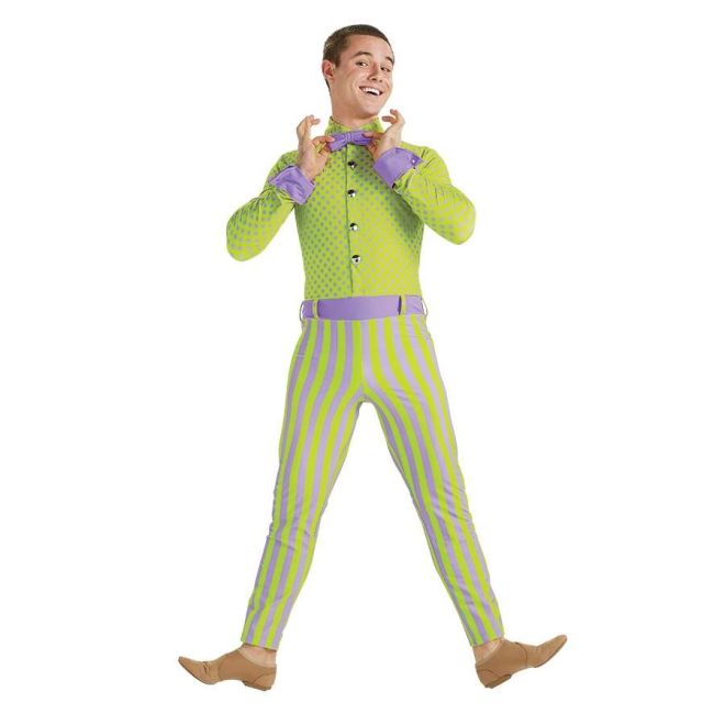 Custom long sleeve men pant color guard unitard. Top is neon green button down with light purple polka dots. Pants are neon green and light purple striped. Light purple sleeve cuffs, bow tie, and belt. Front view on model