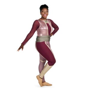 Custom long sleeve legging color guard unitard. Maroon sleeves, center of chest, and side of right leg. Metallic pink on both sides of chest and inside of right leg and complete left leg. Cream trim separating colors and below knee on right leg. Silver neck and belt. Front view on model