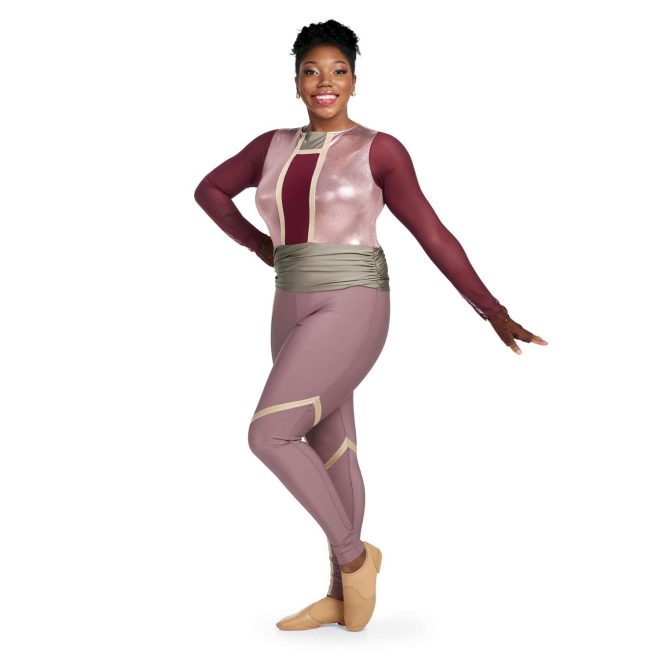 Custom long sleeve legging color guard unitard. Maroon sleeves, center of chest, and side of right leg. Metallic pink on both sides of chest and inside of right leg and complete left leg. Cream trim separating colors and below knee on right leg. Silver neck and belt. Front view on model