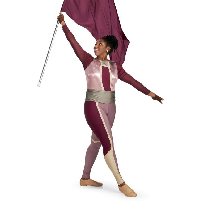 Custom long sleeve legging color guard unitard. Maroon sleeves, center of chest, and side of right leg. Metallic pink on both sides of chest and inside of right leg and complete left leg. Cream trim separating colors and below knee on right leg. Silver neck and belt. Front view on model holding maroon flag