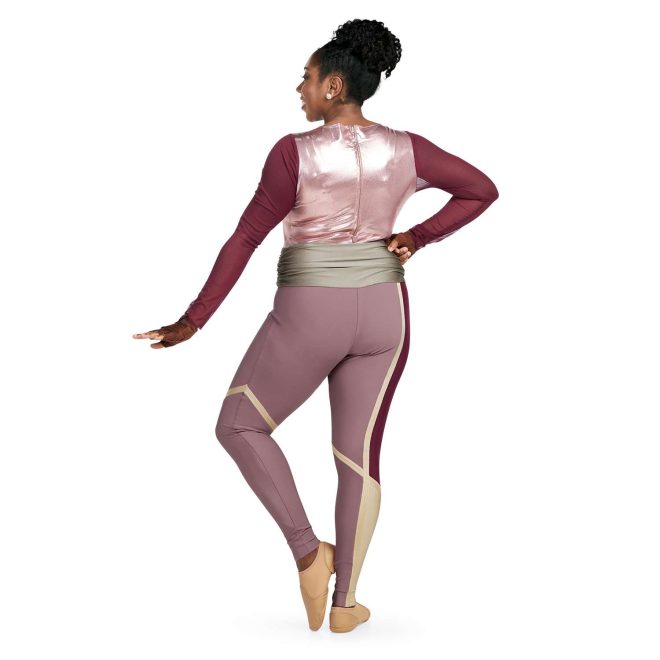 Custom long sleeve legging color guard unitard. Maroon sleeves and side of right leg. Metallic pink on back and inside of right leg and complete left leg. Cream trim separating colors and below knee on outside of right leg. Silver neck and belt. Back view on model