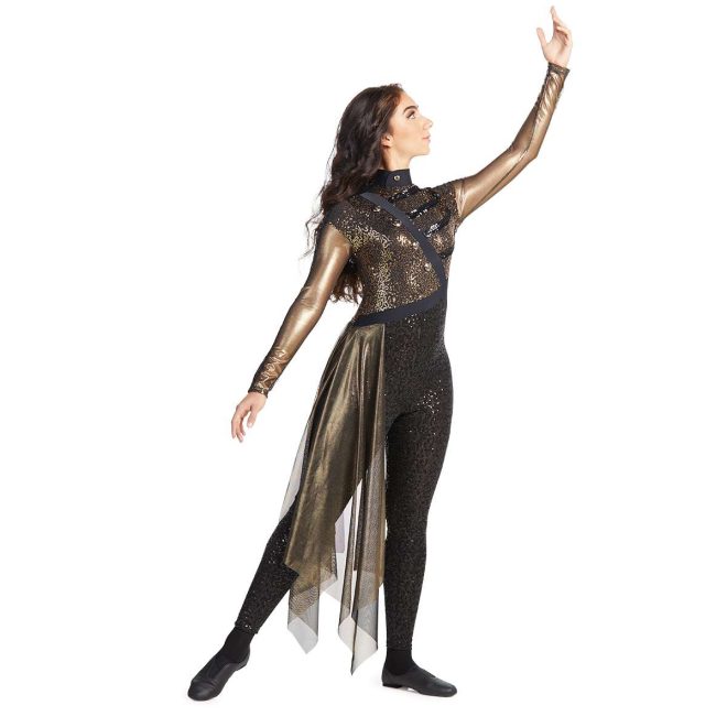 Custom long sleeve legging color guard unitard. Dark gold sleeves with sparkly black stripe with sparkly dark gold body with black slanted stripe from right shoulder with black neck. Pants separated by slanted black stripe into black sparkly leggings. Dark gold drape off right hip. Front view on model