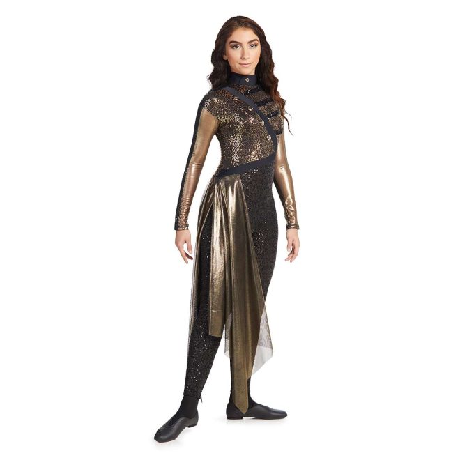 Custom long sleeve legging color guard unitard. Dark gold sleeves with sparkly black stripe with sparkly dark gold body with black slanted stripe from right shoulder with black neck. Pants separated by slanted black stripe into black sparkly leggings. Dark gold drape off right hip. Front view on model