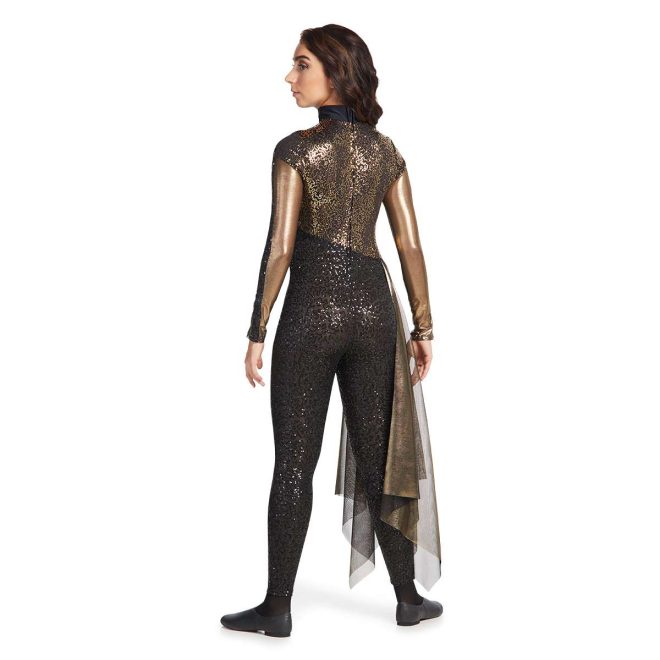 Custom long sleeve legging color guard unitard. Dark gold sleeves with sparkly black stripe with sparkly dark gold body with black neck. Pants separated by slanted black stripe into black sparkly leggings. Dark gold drape off right hip. Back view on model