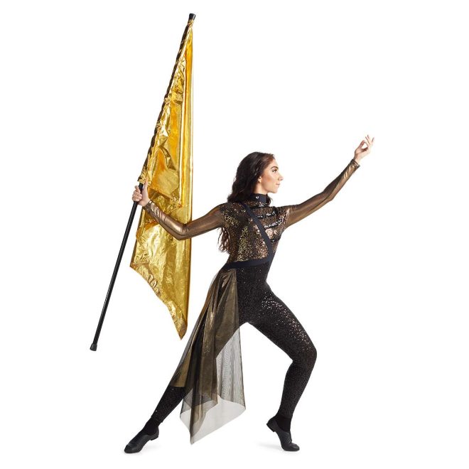 Custom long sleeve legging color guard unitard. Dark gold sleeves with sparkly black stripe with sparkly dark gold body with black slanted stripe from right shoulder with black neck. Pants separated by slanted black stripe into black sparkly leggings. Dark gold drape off right hip. Front view on model holding gold flag