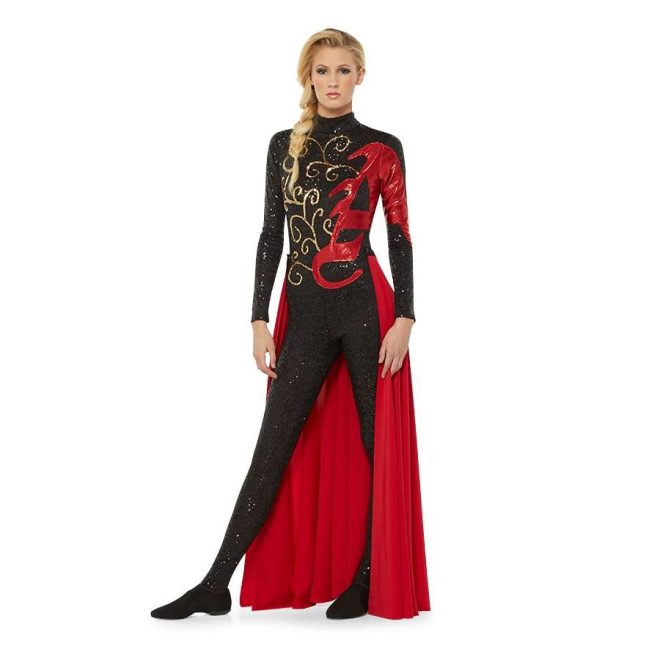 custom black sequin long sleeve pant unitard with gold and maroon detailing red skirt attached front view on model