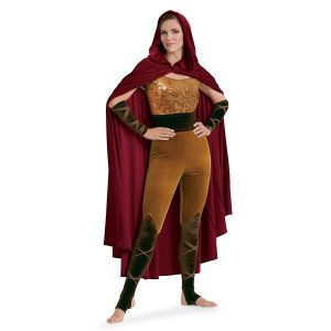 Custom sleeveless legging color guard unitard. Brown crisscross straps into patterned section then dark brown belt and brown pants down to knee where it changes to dark brown strappy. Back view on model with tan off the shoulder sleeves and dark brown strappy gauntlets. With red hooded cape