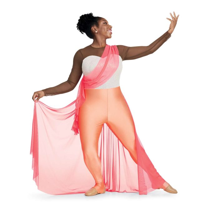 Custom long sleeve legging color guard unitard. Brown shoulders and sleeves. White sequin back and chest. Light orange leggings with pink mesh back half floor length skirt and sash from left shoulder to right hip. Front view on model