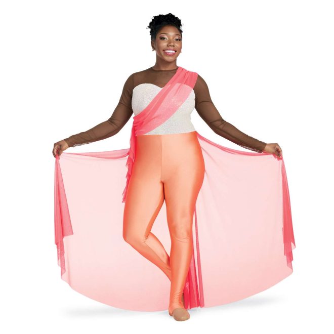 Custom long sleeve legging color guard unitard. Brown shoulders and sleeves. White sequin back and chest. Light orange leggings with pink mesh back half floor length skirt and sash from left shoulder to right hip. Front view on model with skirt fanned out