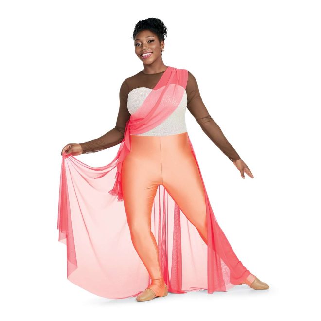 Custom long sleeve legging color guard unitard. Brown shoulders and sleeves. White sequin back and chest. Light orange leggings with pink mesh back half floor length skirt and sash from left shoulder to right hip. Front view on model