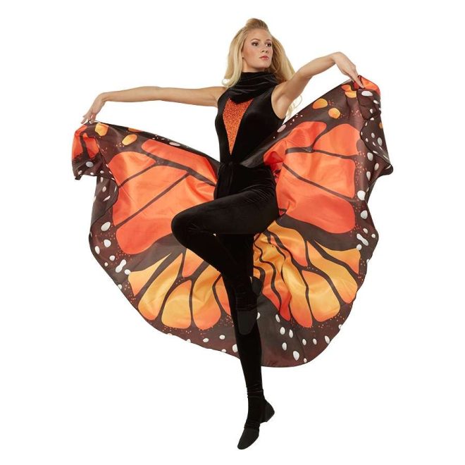 Custom sleeveless color guard legging unitard. Black body with orange sequin low cut V on front. Front view on model with black scarf around neck and orange and black butterfly wing skirt fanned out