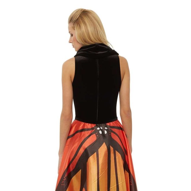 Custom sleeveless color guard legging unitard. Black body and orange and black butterfly wing skirt. Back view on model
