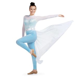 Custom long sleeve legging color guard unitard with mesh skirt over. White mesh sleeves and above chest. Light blue patterned chest and body with silver belt then light blue leggings with mesh white half skirt in back. Front view on model