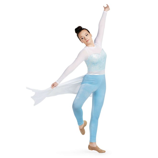 Custom long sleeve legging color guard unitard with mesh skirt over. White mesh sleeves and above chest. Light blue patterned chest and body with silver belt then light blue leggings with mesh white half skirt in back. Front view on model