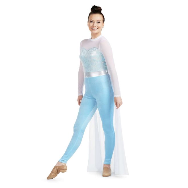 Custom long sleeve legging color guard unitard with mesh skirt over. White mesh sleeves and above chest. Light blue patterned chest and body with silver belt then light blue leggings with mesh white half skirt in back. Front view on model