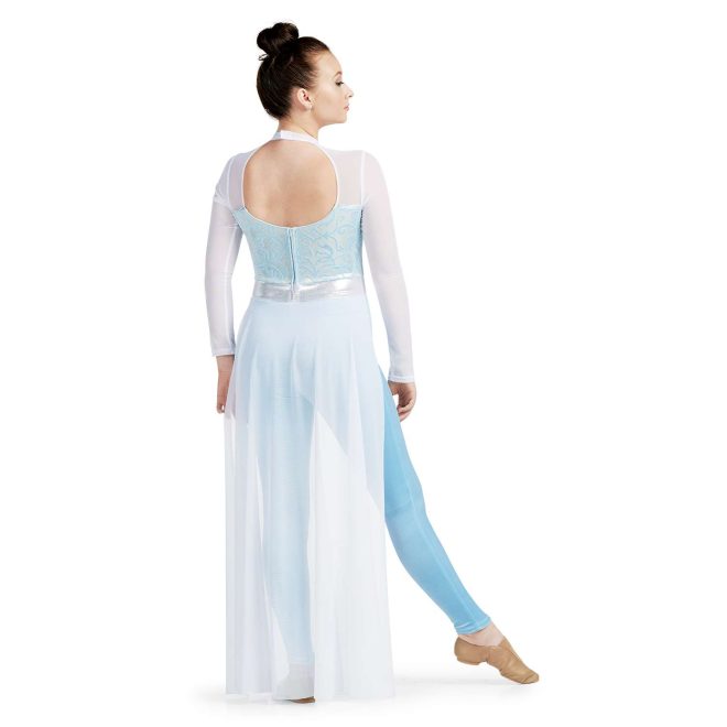 Custom long sleeve legging color guard unitard with mesh skirt over. White sleeves and neck with back cutout. Light blue patterned body with silver belt then light blue leggings with mesh white back half skirt over. Back view on model