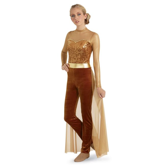 Custom long sleeve legging color guard unitard with mesh skirt over. Light gold sleeves and above chest. Gold patterned chest and body with light gold belt then dark gold leggings with mesh gold half skirt in back. Front view on model