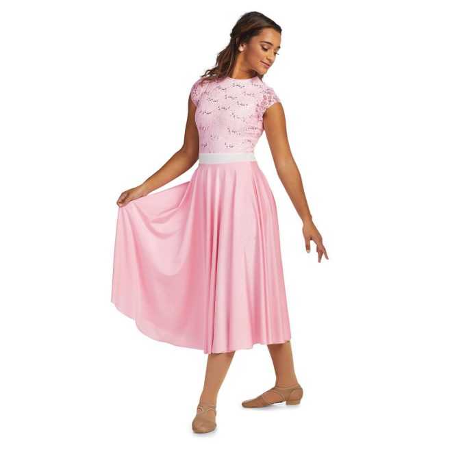 custom pink lace short sleeve body, white belt, and solid pink below the knee skirt color guard dress front view on model