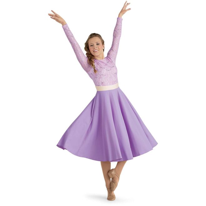 custom long sleeve lace purple body, white belt and solid purple below the knee skirt color guard dress front view on model