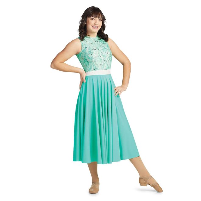 custom sleeveless teal lace body, white belt and solid teal below the knee teal skirt color guard dress front view on model