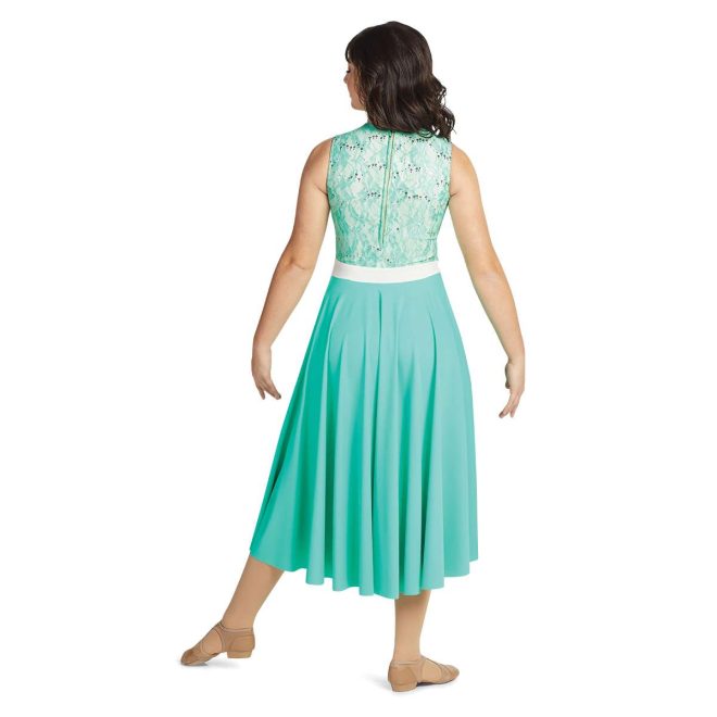 custom sleeveless teal lace body, white belt and solid teal below the knee teal skirt color guard dress back view on model