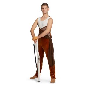 Custom men sleeveless pant color guard unitard. White chest down to V with brown drape both ways and extra drape off left hip. Pants are copper velvet. Front view on model holding rifle
