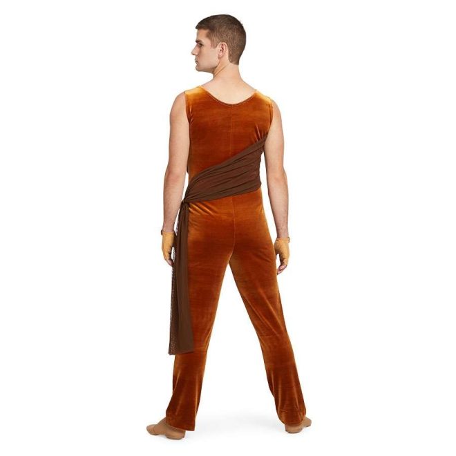 Custom men sleeveless pant color guard unitard. Copper unitard with brown drape from under right arm to left hip. Back view on model