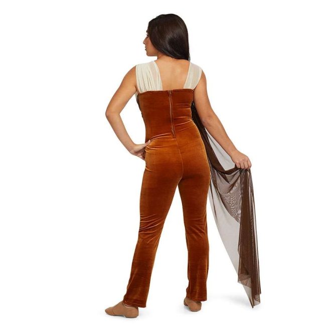 Custom sleeveless pant color guard unitard. White mesh straps with copper unitard with brown drape coming from right hip. Back view on model