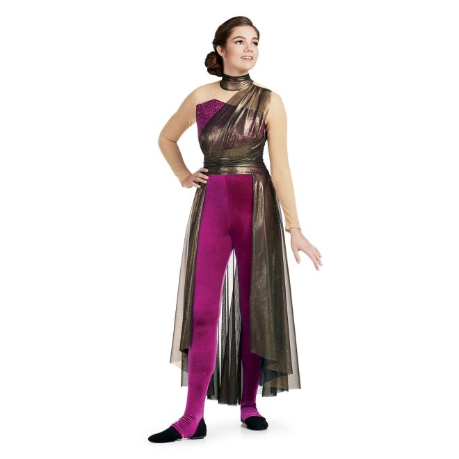 Custom long sleeve legging color guard unitard. Tan mesh sleeves and dark gold neck with magenta sequin chest with dark gold drape from left shoulder to dark gold belt with dark gold mesh half floor length skirt. Pants are velvet magenta. Front view on model