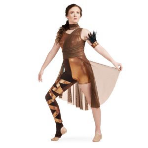 Custom sleeveless color guard unitard. Brown neck, tan shoulders, copper chest, brown mesh sash from left shoulder to belt, brown mesh back half skirt knee length. Left leg copper boy short. Right leg brown legging with copper fabric wrapped around. Front view on model with copper arm cuff with black feathers on left arm.