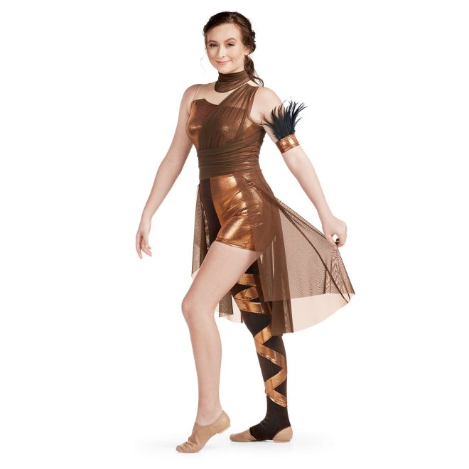 Custom sleeveless color guard unitard. Brown neck, tan shoulders, copper chest, brown mesh sash from left shoulder to belt, brown mesh back half skirt knee length. Left leg copper boy short. Right leg brown legging with copper fabric wrapped around. Front view on model with copper arm cuff with black feathers on left arm.