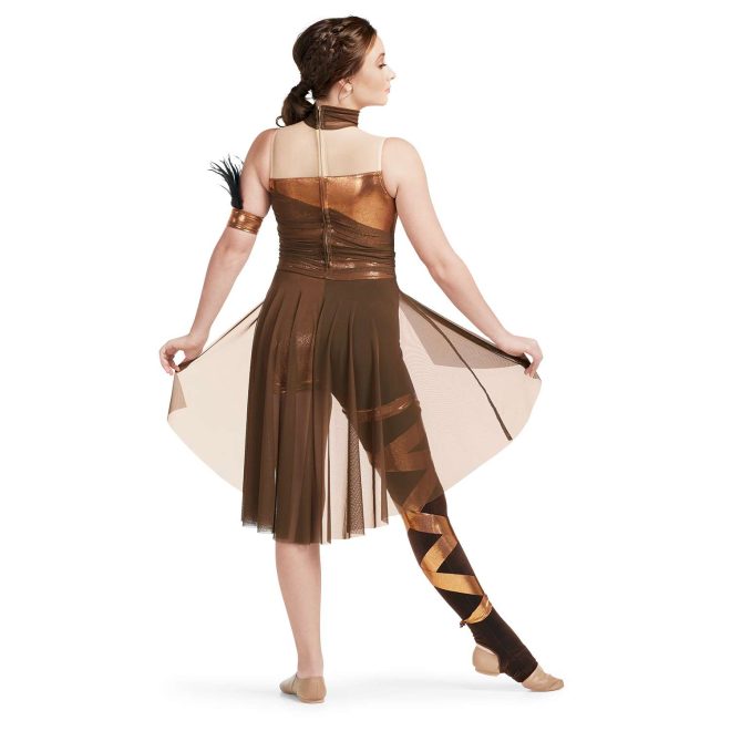 Custom sleeveless color guard unitard. Brown neck, tan shoulders, copper triangle, brown lower back and brown mesh half skirt knee length. Left leg copper boy short. Right leg brown legging with copper fabric wrapped around. Back view on model with copper arm cuff with black feathers on left arm.