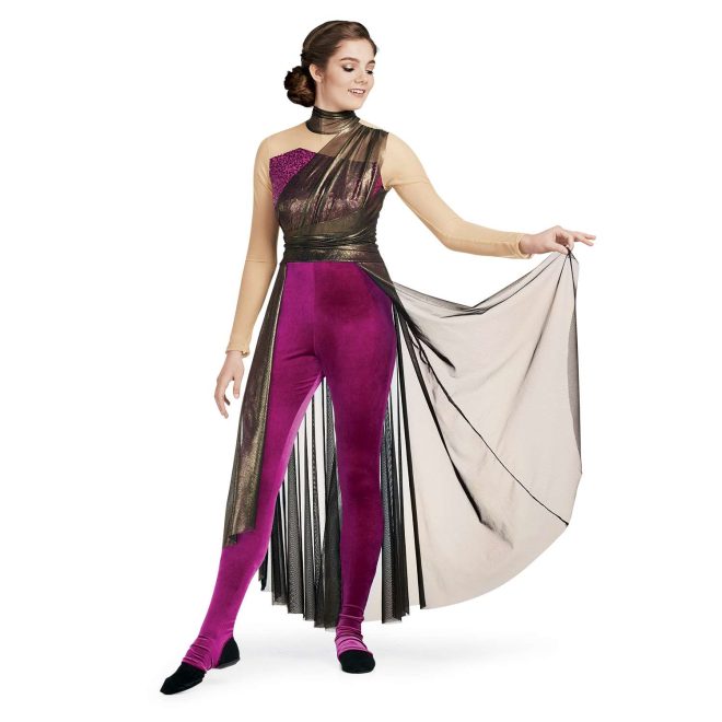 Custom long sleeve legging color guard unitard. Tan mesh sleeves and dark gold neck with magenta sequin chest with dark gold drape from left shoulder to dark gold belt with dark gold mesh half floor length skirt. Pants are velvet magenta. Front view on model