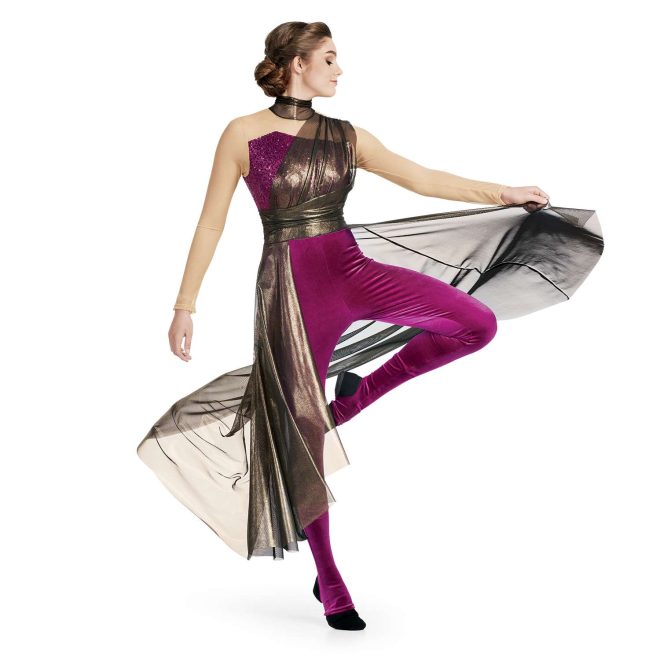 Custom long sleeve legging color guard unitard. Tan mesh sleeves and dark gold neck with magenta sequin chest with dark gold drape from left shoulder to dark gold belt with dark gold mesh half floor length skirt. Pants are velvet magenta. Front view on model