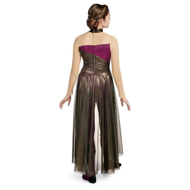 Custom long sleeve legging color guard unitard. Tan mesh sleeves and dark gold neck with magenta sequin triangle into dark gold body with dark gold mesh half floor length skirt. Back view on model