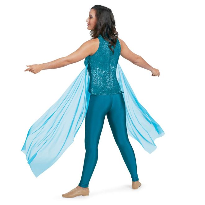 Custom sleeveless legging color guard unitard. Top sparkly turquoise into solid turquoise leggings. Each side has mesh turquoise drapes flowy. Back view on model