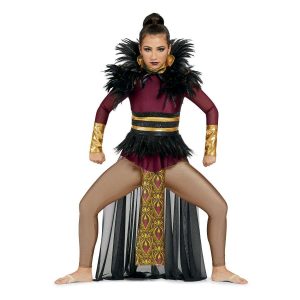 Custom long sleeve legging color guard unitard. Maroon mesh sleeves with gold cuffs and neck. Black and gold striped belt with black feathers over solid marron body. Brown leggings with small gold and maroon patterned fabric hanging in front from waist to below knee. Black mesh half skirt in back. Front view on model with black feathered shrug with gold collar