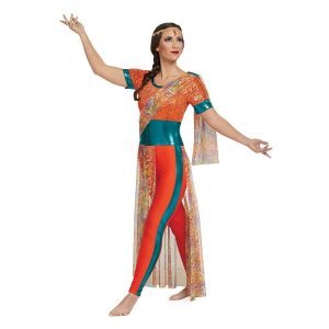 Custom short sleeve legging color guard unitard. Top is orange sequin with turquoise trim and thick belt. Pants are orange with turquoise stripe down side. Printed orange, purple, and turquoise drape over left shoulder. 3/4 skirt in back and right side with same fabric as drape. Front view on model with gold headband. Cleopatra look.