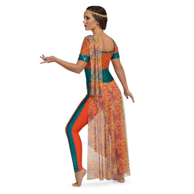 Custom short sleeve legging color guard unitard. Top is orange sequin with turquoise trim and thick belt. Pants are orange with turquoise stripe down side. Printed orange, purple, and turquoise drape over left shoulder. 3/4 skirt in back and right with same fabric as drape. Back view on model with gold headband