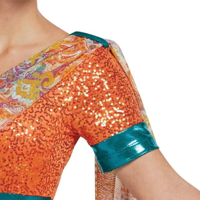 Close up of custom color guard uniform with orange sequin shoulder with turquoise cuff and yellow, purple, and turquoise drape across shoulder. Front view on model