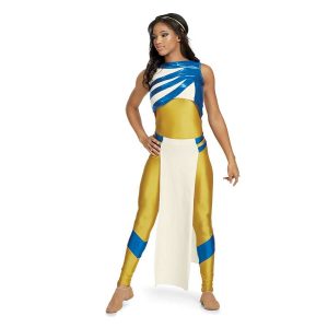 Custom sleeveless legging color guard unitard. Gold unitard with single blue stripe around each lower leg. Crop top over which is white with blue stripes coming out of left shoulder. Blue and gold belt around waist with white floor length drape. Front view on model with gold headband