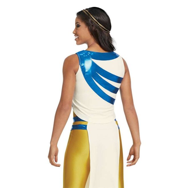 Custom sleeveless legging color guard unitard. Gold unitard with single blue stripe around each lower leg. Crop top over which is white with blue stripes coming out of left shoulder. Blue and gold belt around waist with white floor length drape. Back view on model with gold headband