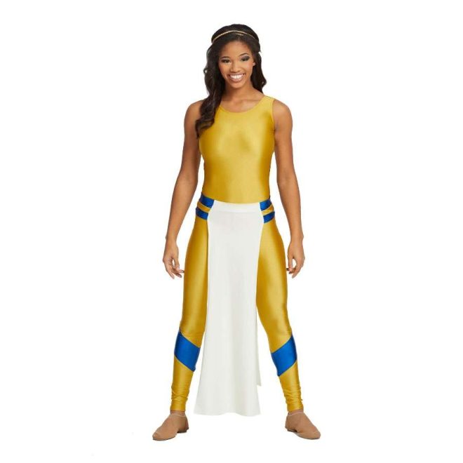 Custom sleeveless legging color guard unitard. Gold unitard with single blue stripe around each lower leg. Front view on model with gold headband. Blue and gold belt around waist with white floor length drape in front and back