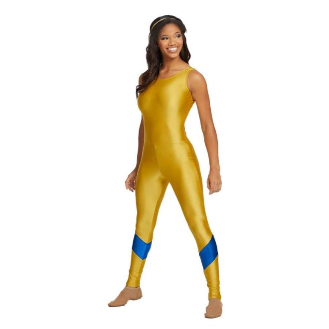 Custom sleeveless legging color guard unitard. Gold unitard with single blue stripe around each lower leg. Front view on model with gold headband