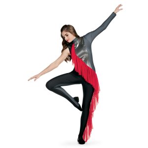 Custom legging color guard unitard. Right sleeveless, Left long sleeve grey with red stripe grey does down to hip and grey neck. Silver middle chest with red frill from left shoulder to right hip down leg. Right side of frill is black. Pants are black with grey stripe. Front view on model